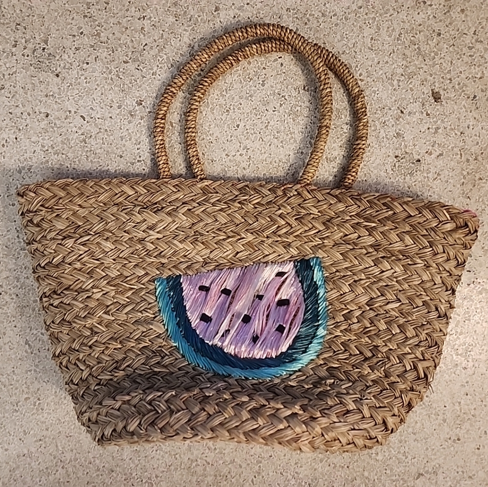 Mud Pie Straw Tote Watermelon Handbag Vacay Summer Bag Natural Pink Lining
